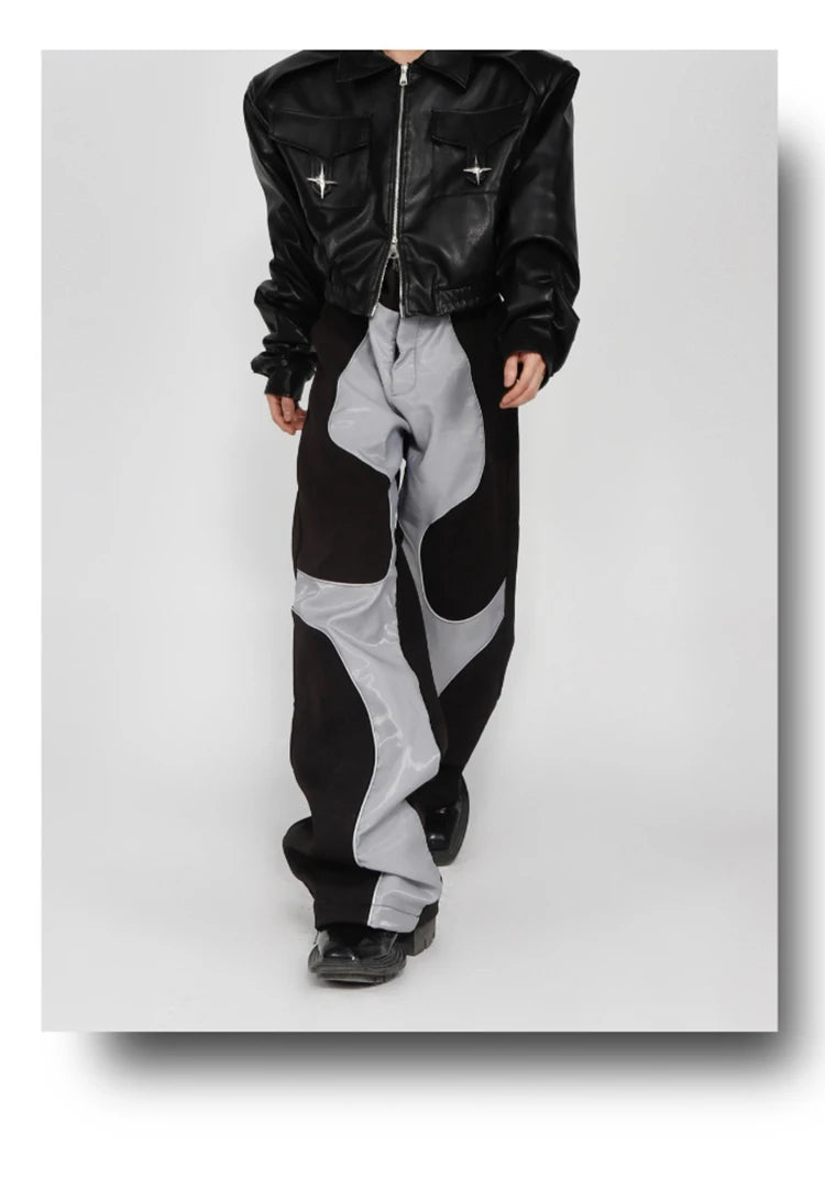 Mauroicardi Long Loose Casual Patchwork Pu Leather Pants
