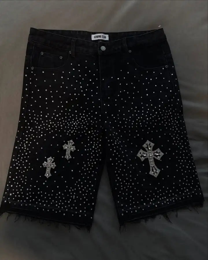 Vintage Cross Rhinestone Denim Jorts