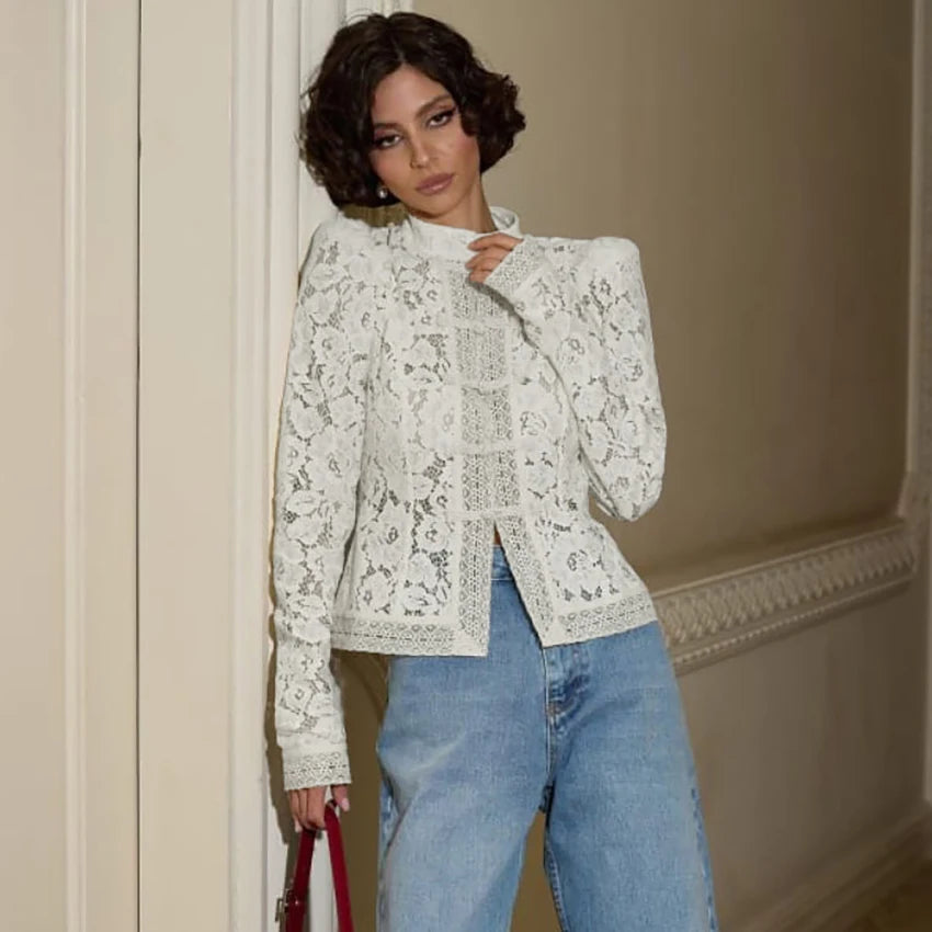 Linad Elegant Lace Embroidery Puff Sleeve White Shirt