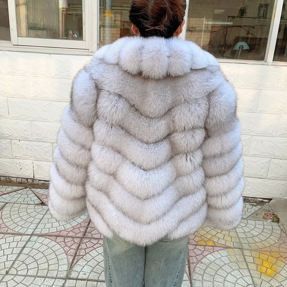 QUEENTINA Real Fox Fur Coat With Collar Overcoat