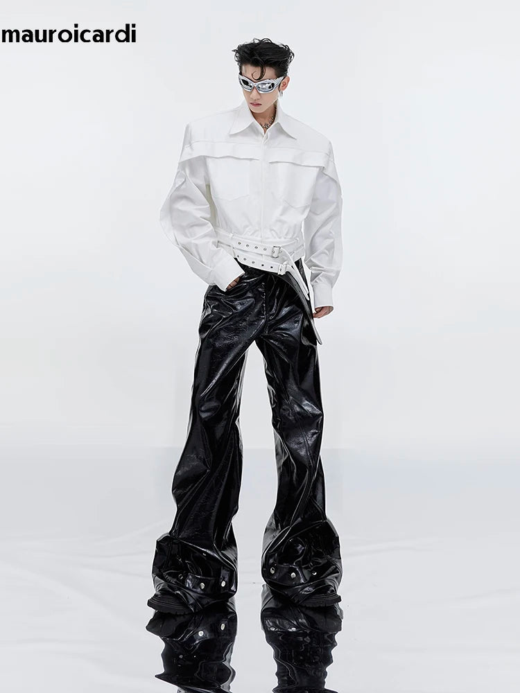 Mauroicardi Black Shiny Reflective Pu Leather Flare Pants