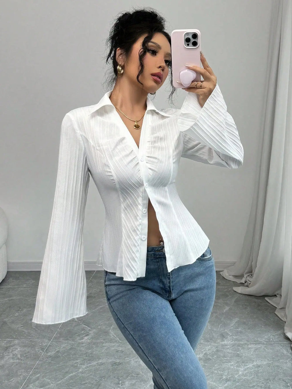 Slim-Fit V-Neck Bell-Sleeve Shirt