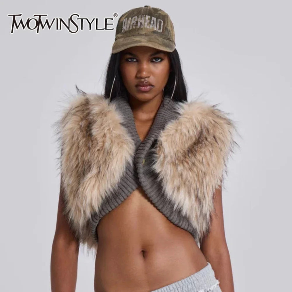 TWOTWINSTYLE V Neck Sleeveless Patchwork Fur Top