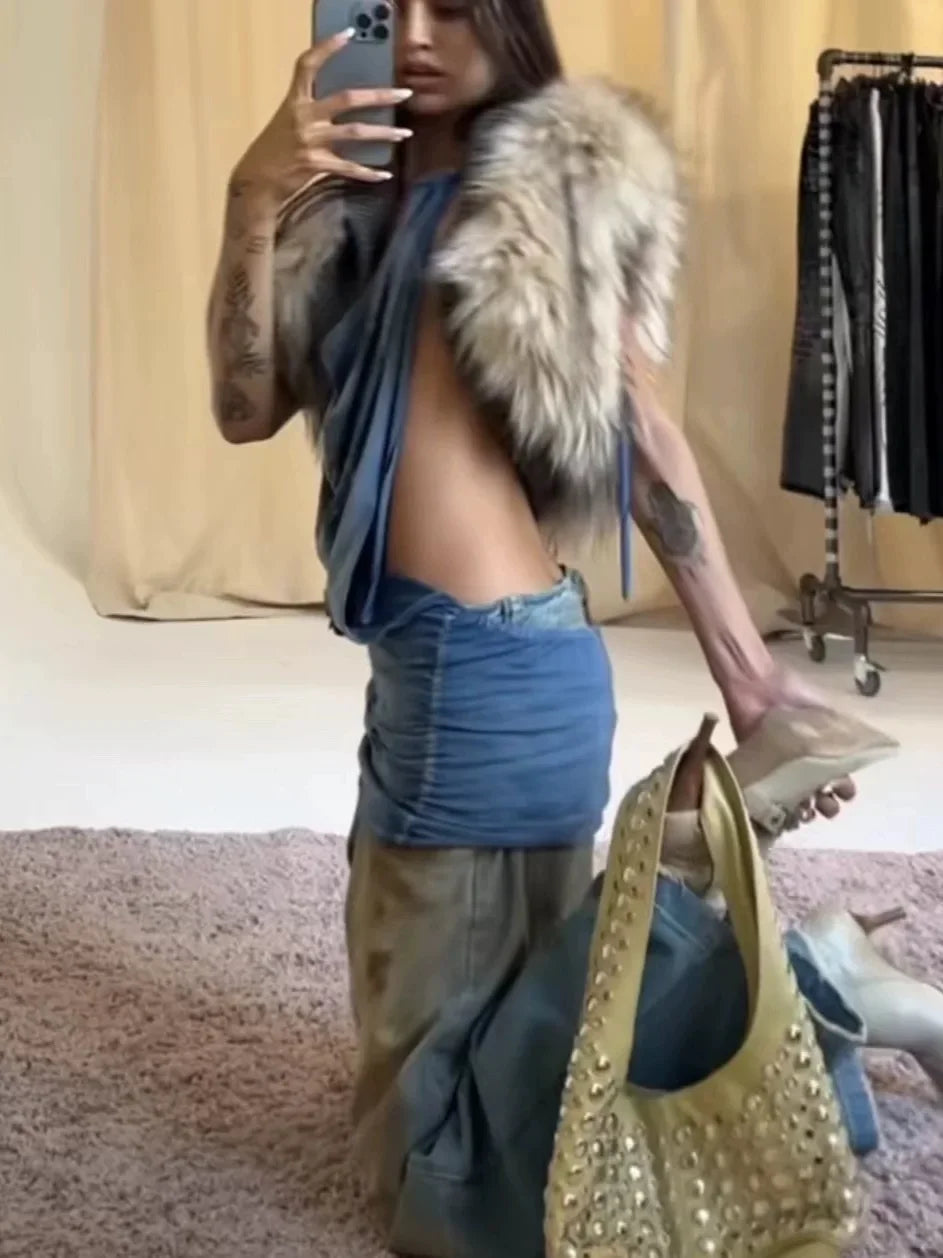 TWOTWINSTYLE V Neck Sleeveless Patchwork Fur Top