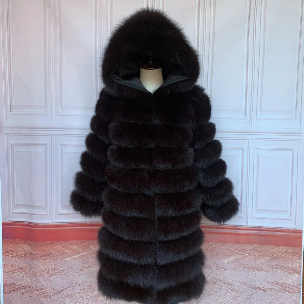QUEENTINA Hood Fur Coat Thigh Length