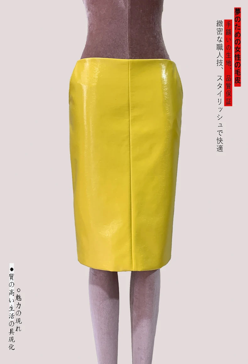Mauroic  Shiny Reflective Bright Yellow Faux Leather Pencil Skirt