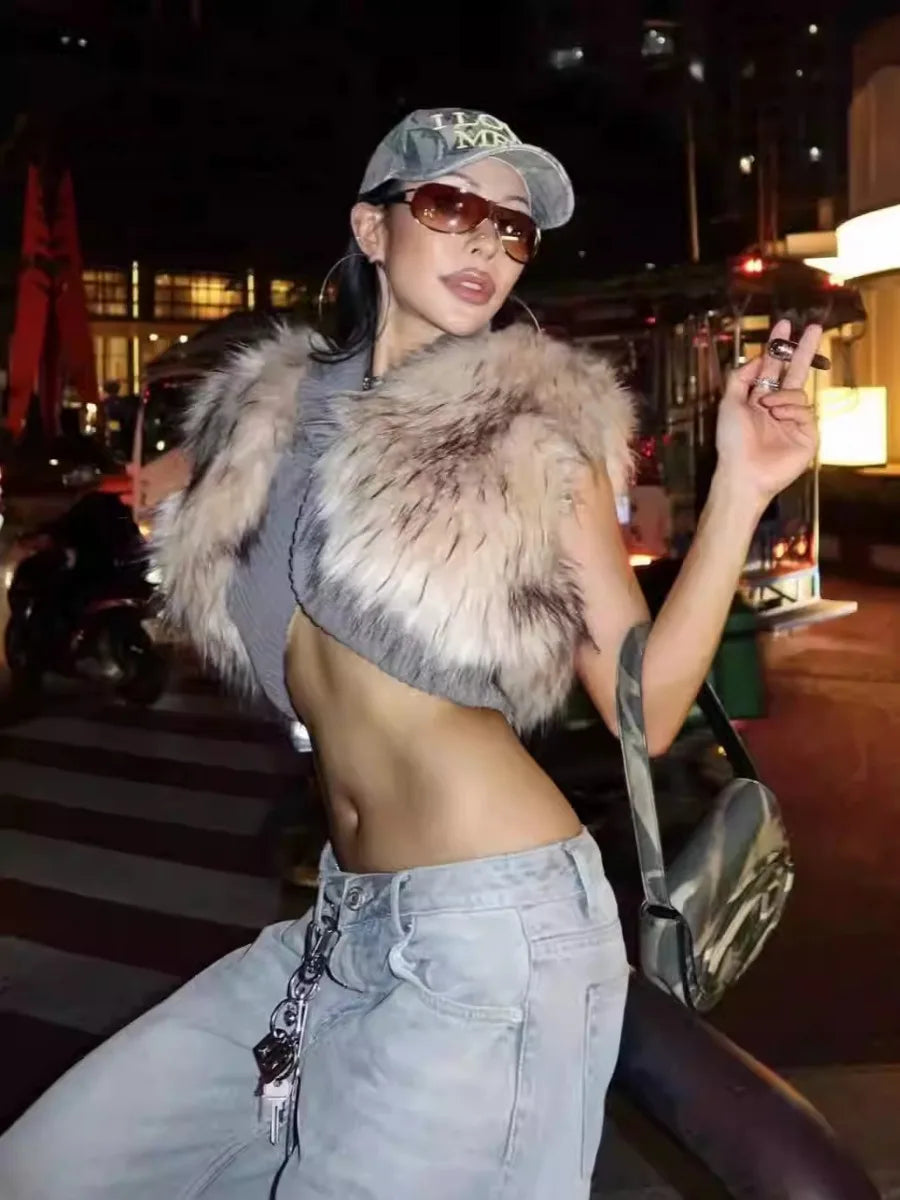 TWOTWINSTYLE V Neck Sleeveless Patchwork Fur Top