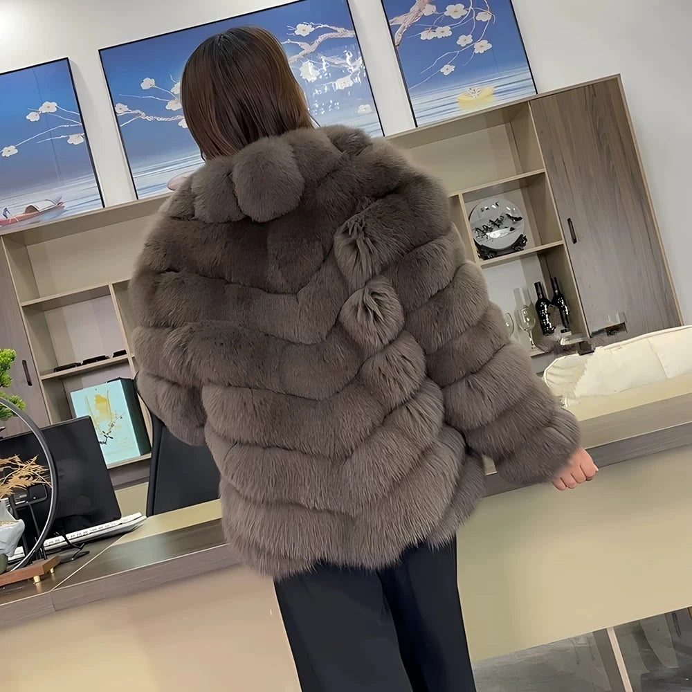 QUEENTINA Real Fox Fur Coat With Collar Overcoat