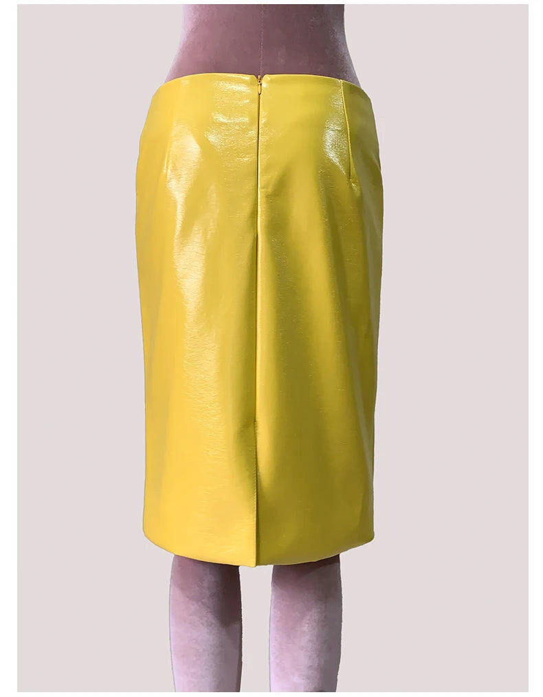 Mauroic  Shiny Reflective Bright Yellow Faux Leather Pencil Skirt