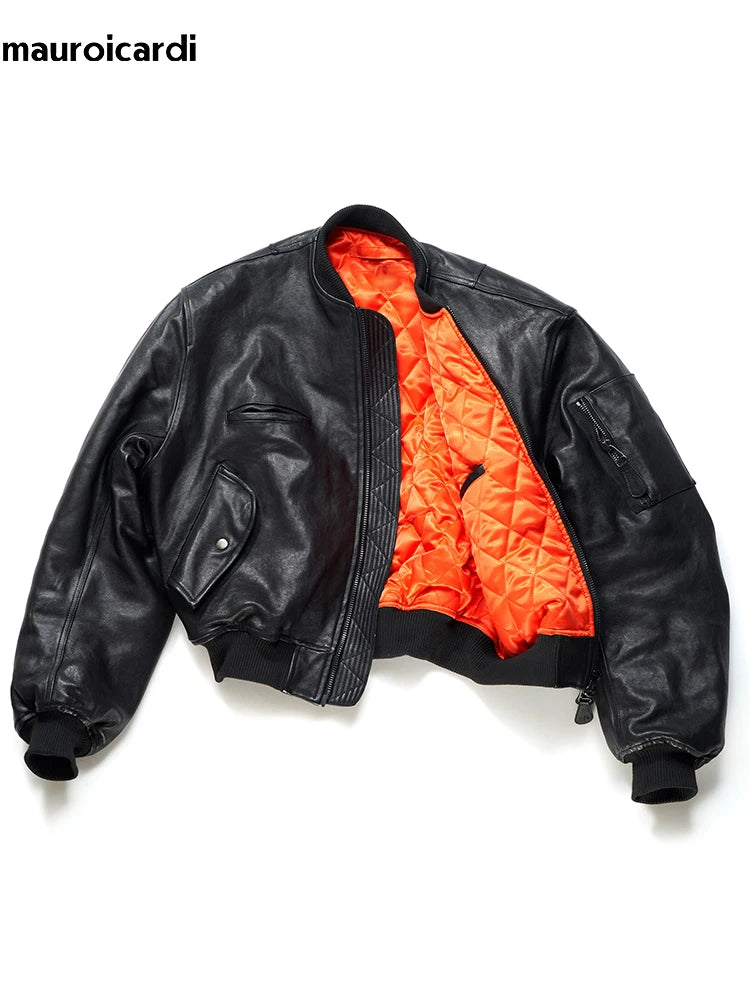 Mauroicardi Short Vintage Pu Leather Bomber Jacket