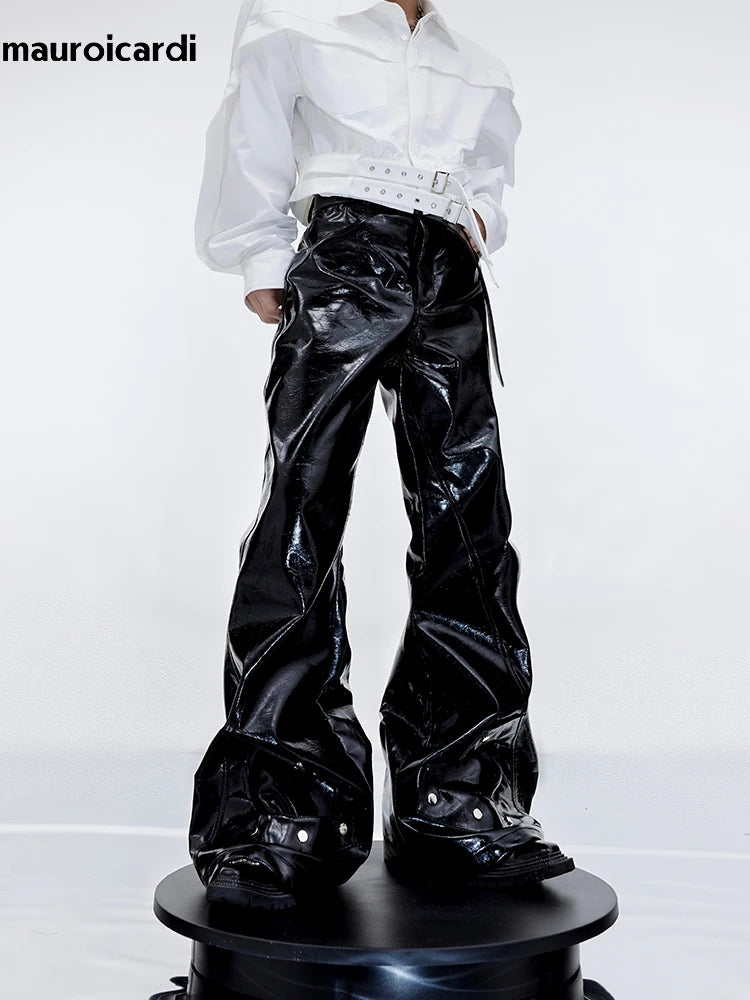 Mauroicardi Black Shiny Reflective Pu Leather Flare Pants