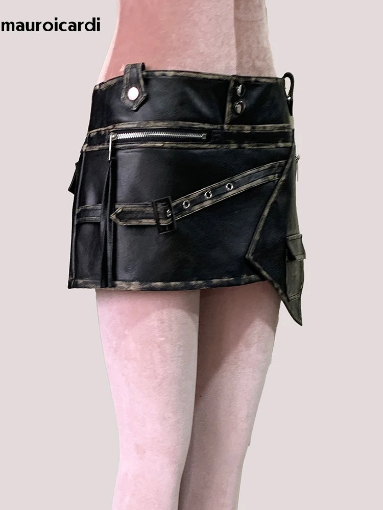 Mauroicardi Distressed Black Pu Leather Mini Asymmetrical Skirt