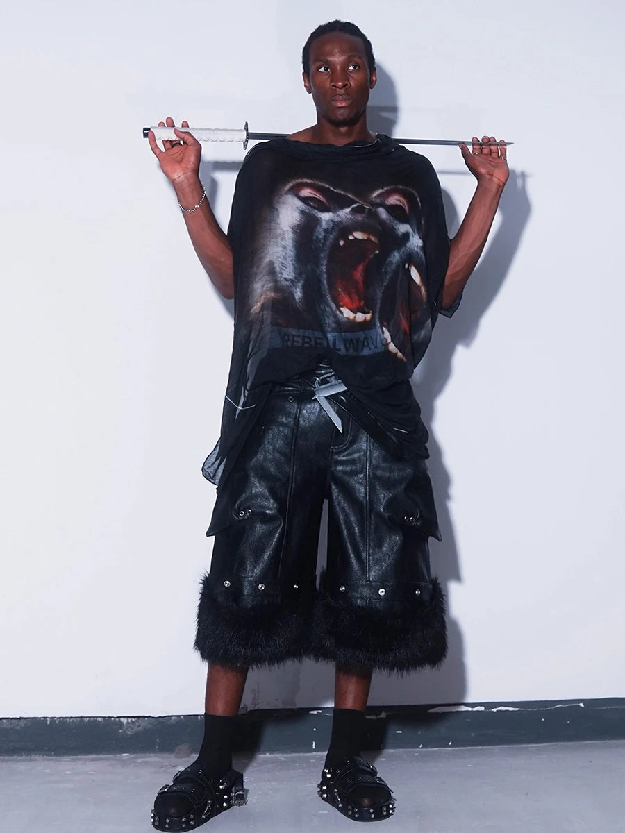 Mauroicardi Black Faux Fur Patchwork Pu Leather Short