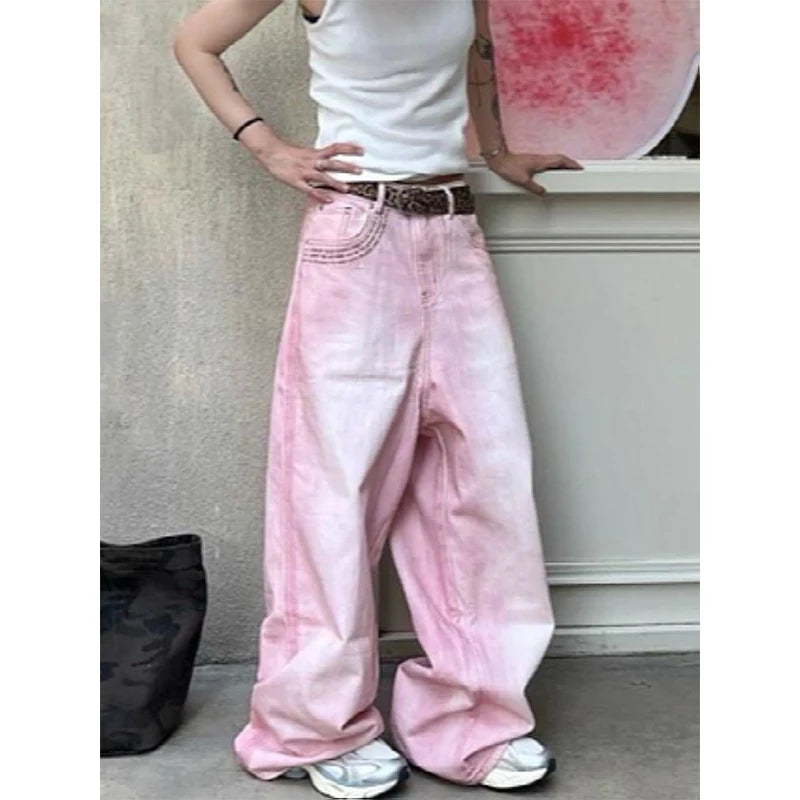 Pink Straight Baggy Stacked Jeans
