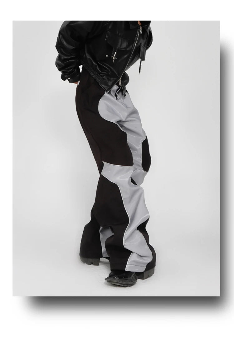 Mauroicardi Long Loose Casual Patchwork Pu Leather Pants