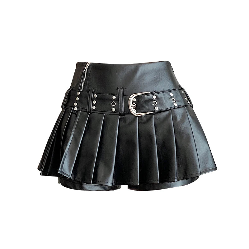 Black A-line Pleated Leather Skirt