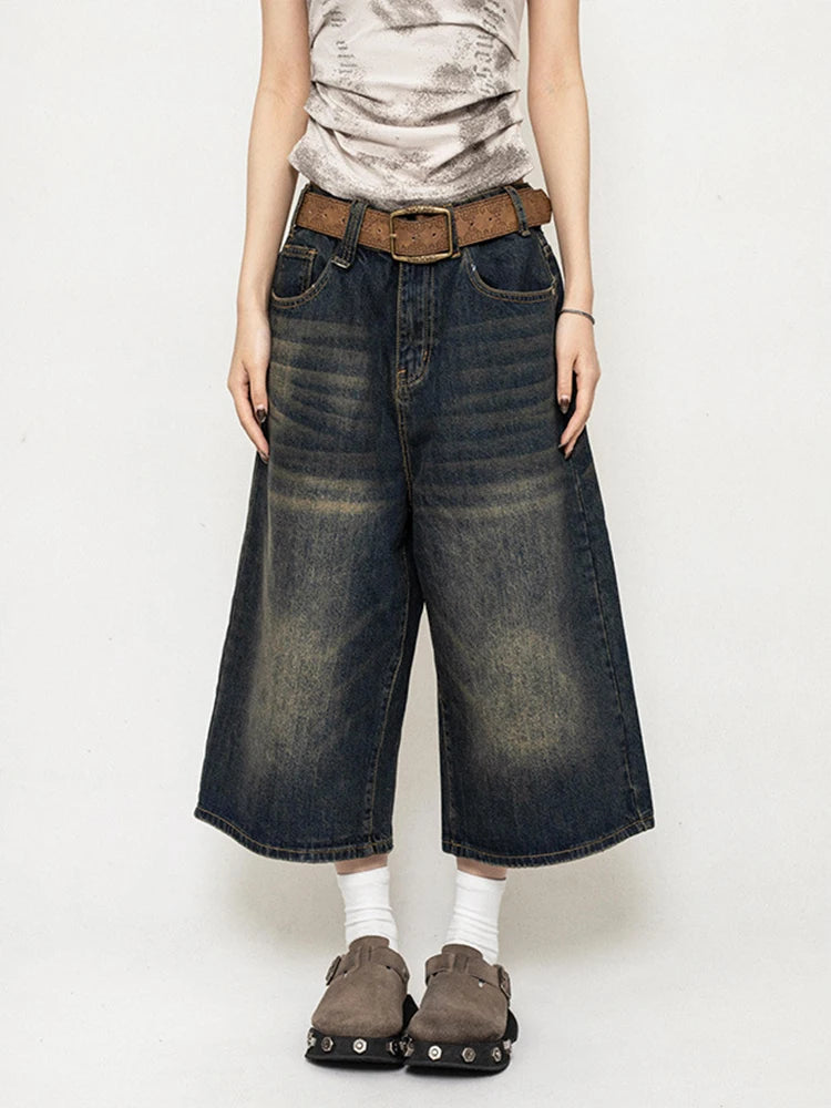 High Waist Black Retro Washed Denim Jorts