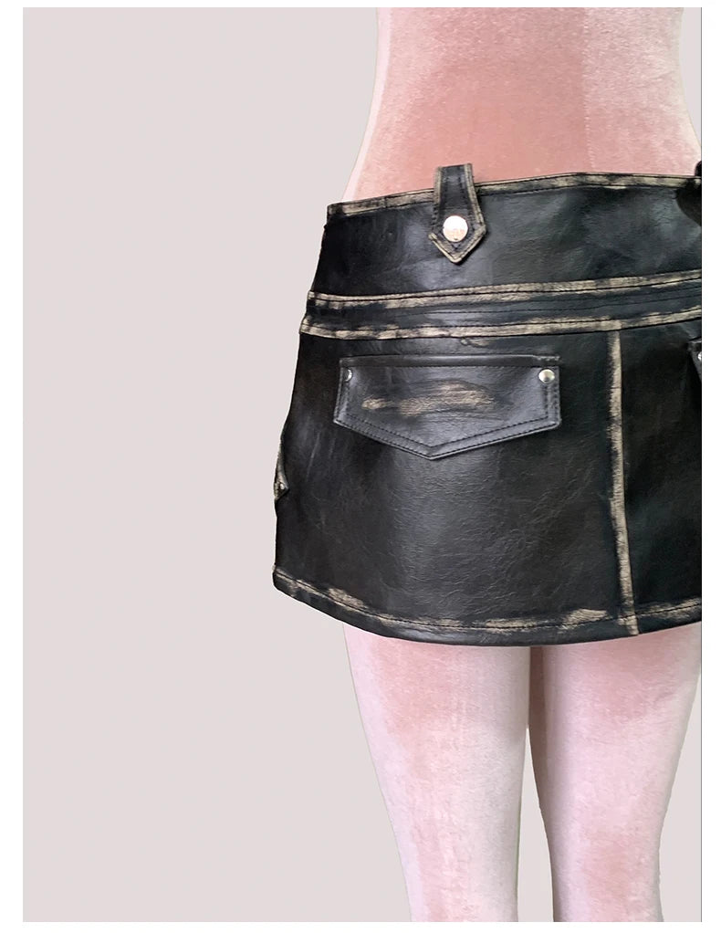 Mauroicardi Distressed Black Pu Leather Mini Asymmetrical Skirt