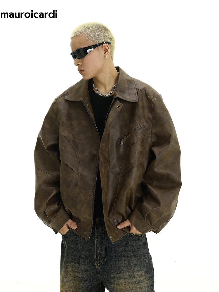 Mauroicardi Spring Cool Distressed Brown Pu Leather jacket