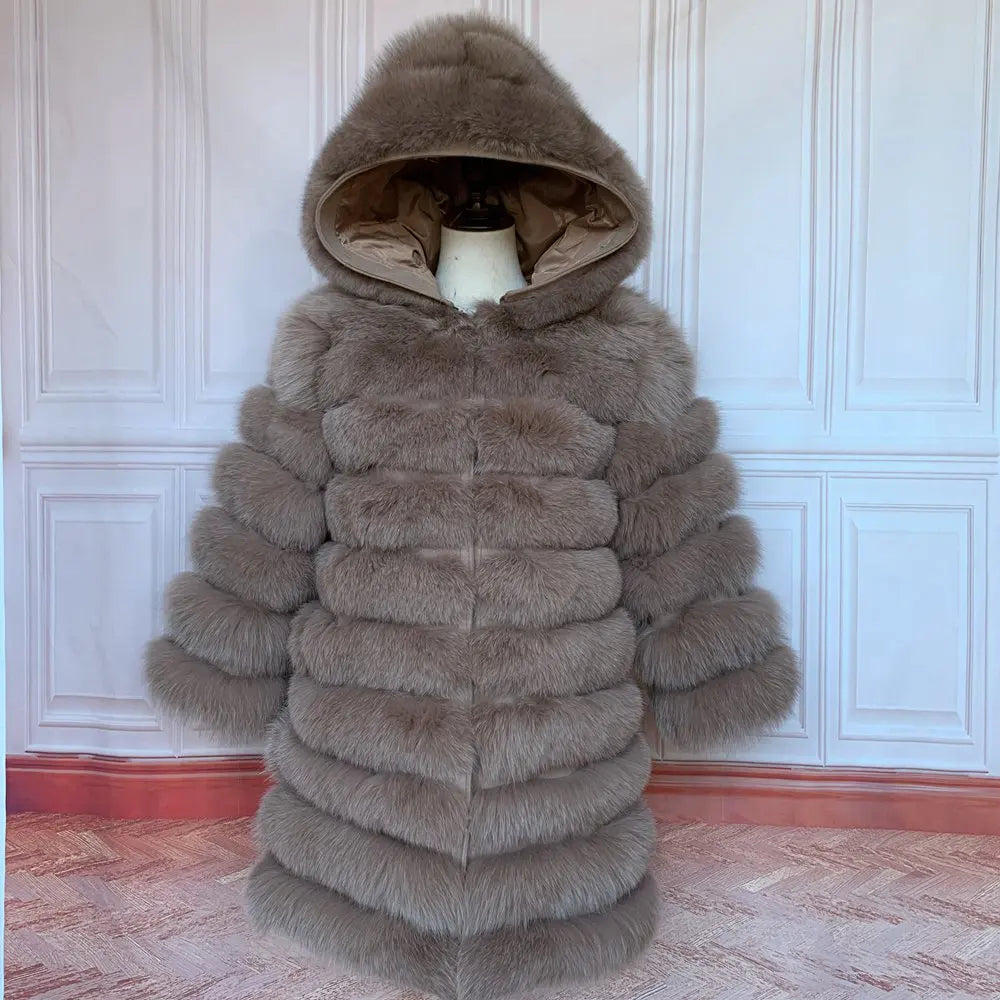 QUEENTINA Hood Fur Coat Thigh Length