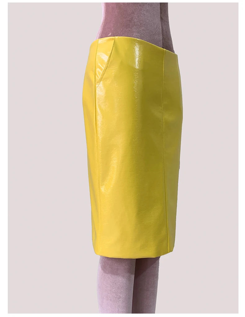 Mauroic  Shiny Reflective Bright Yellow Faux Leather Pencil Skirt