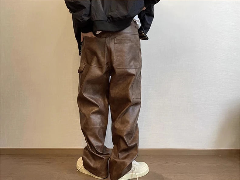 Mauroicardi Long Retro Distressed Pu Leather Wide Leg Pants