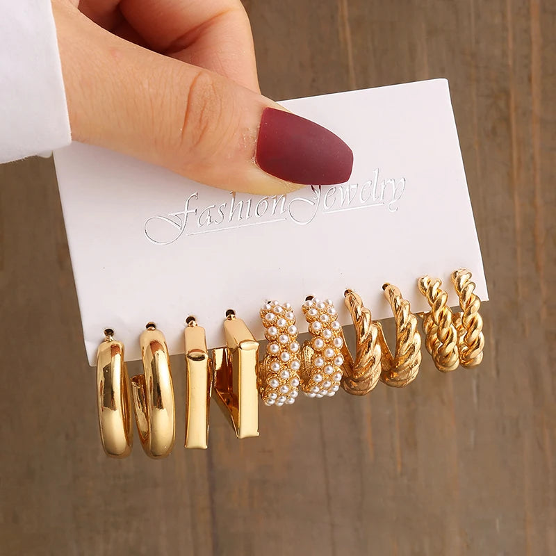 Gold Color Vintage Geometry Pearl Earrings Set