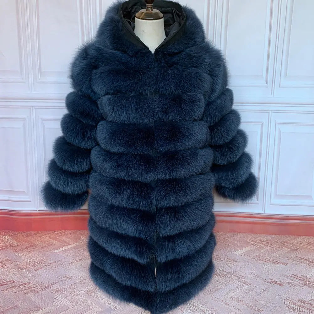 QUEENTINA Hood Fur Coat Thigh Length