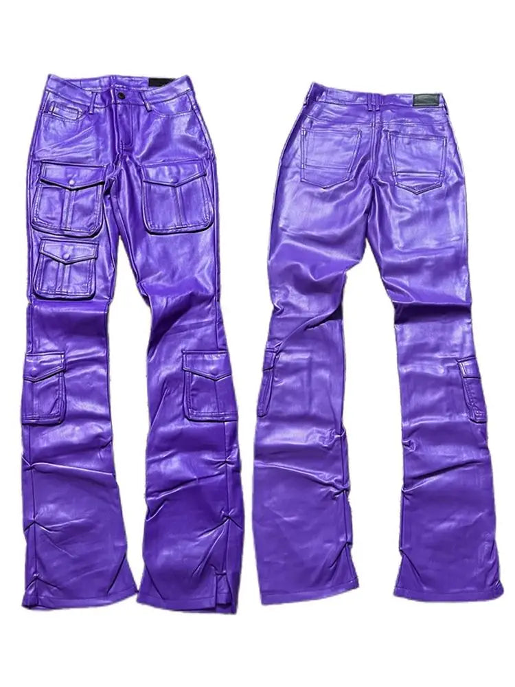 Mauroicard Long Fitted Purple Pu Leather Cargo Pants
