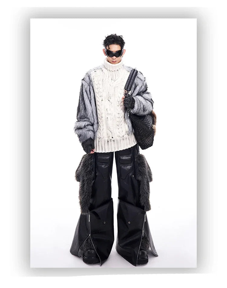 Mauroicardi Long Baggy Black Pu Leather Wide Leg Cargo Pants