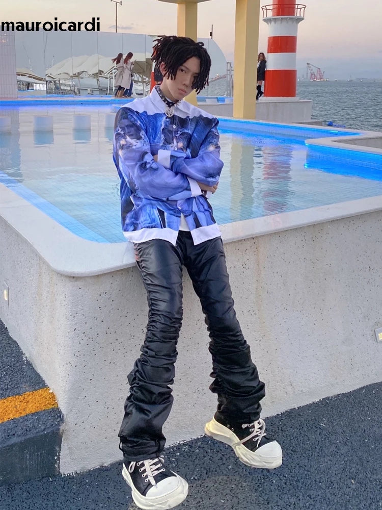 Mauroicardi Long Fitted Skinny Matte Black Pu Leather Ruched Stacked Pants