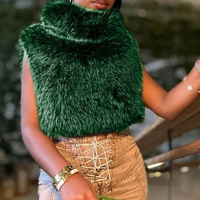 Sexy Furry Turtleneck Waistcoat Vest