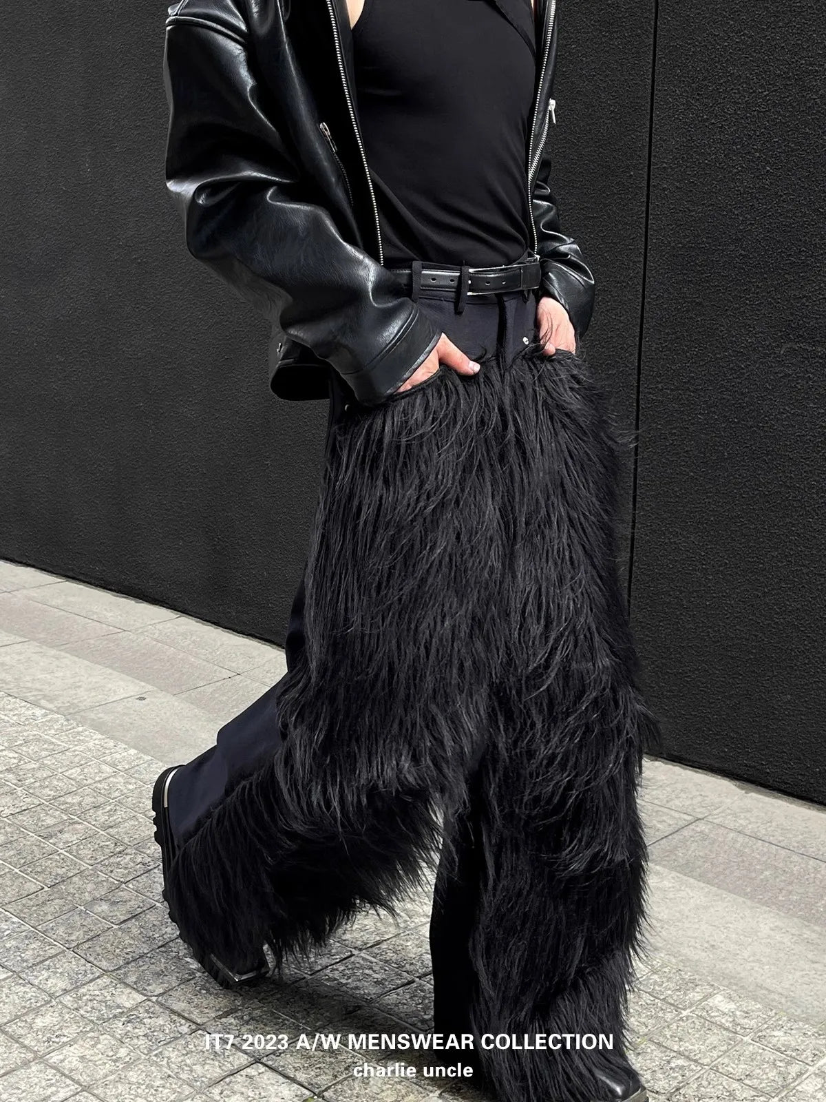 Mauroicardi Long Black  Shaggy Faux Fur Wide Leg Pants