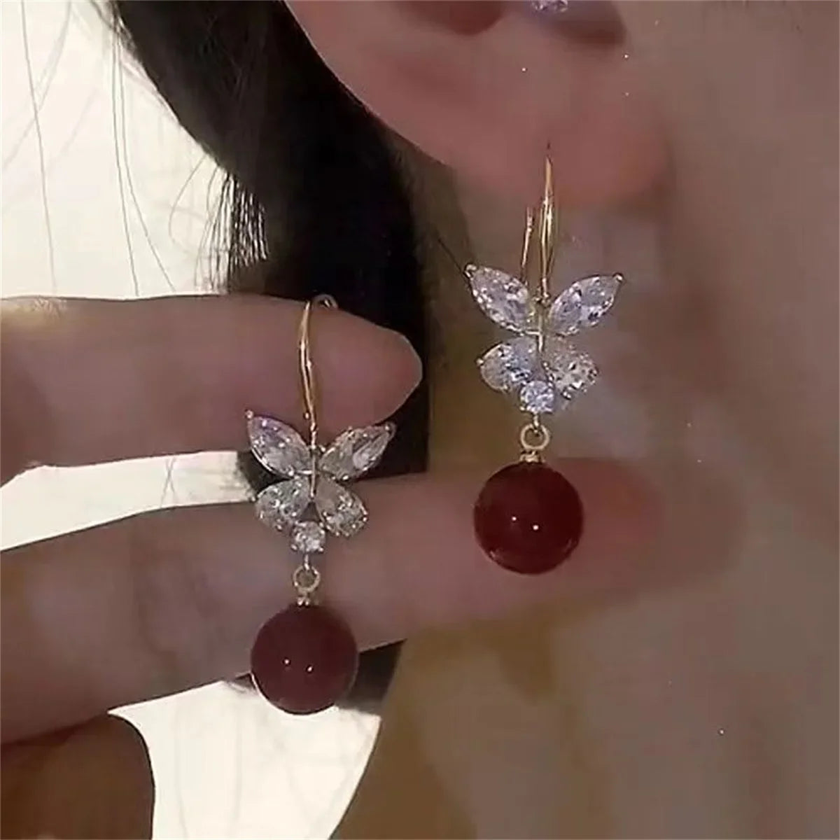 Delicate Red Zircon Butterfly Tassel Drop Earrings