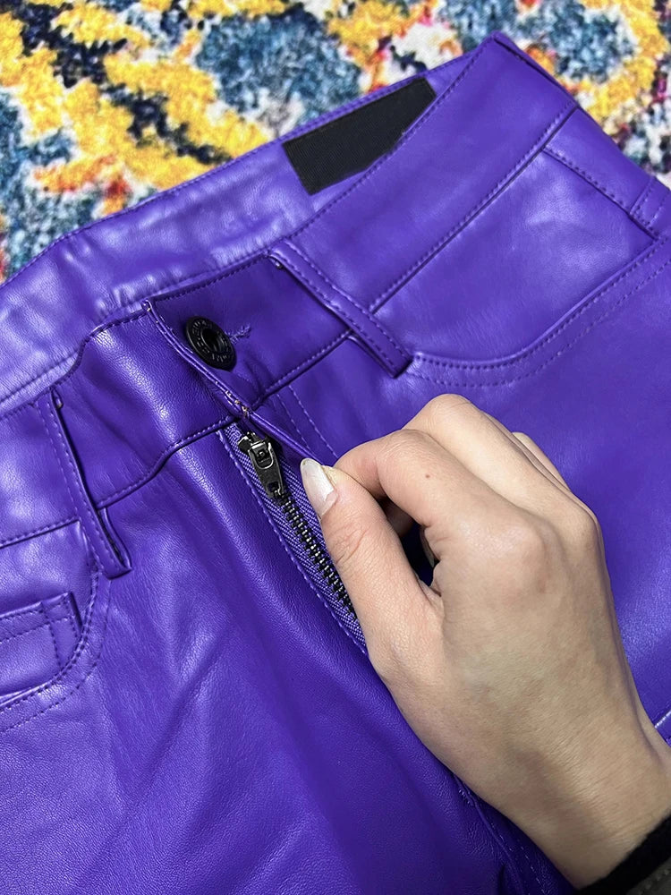 Mauroicard Long Fitted Purple Pu Leather Cargo Pants