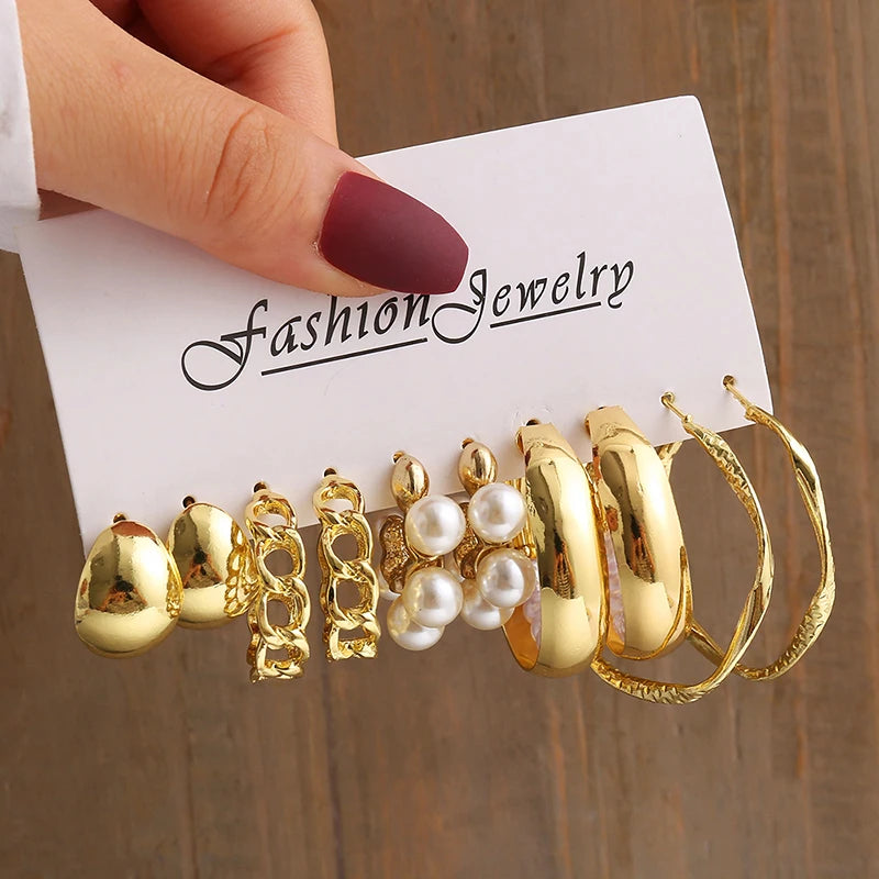 Gold Color Vintage Geometry Pearl Earrings Set