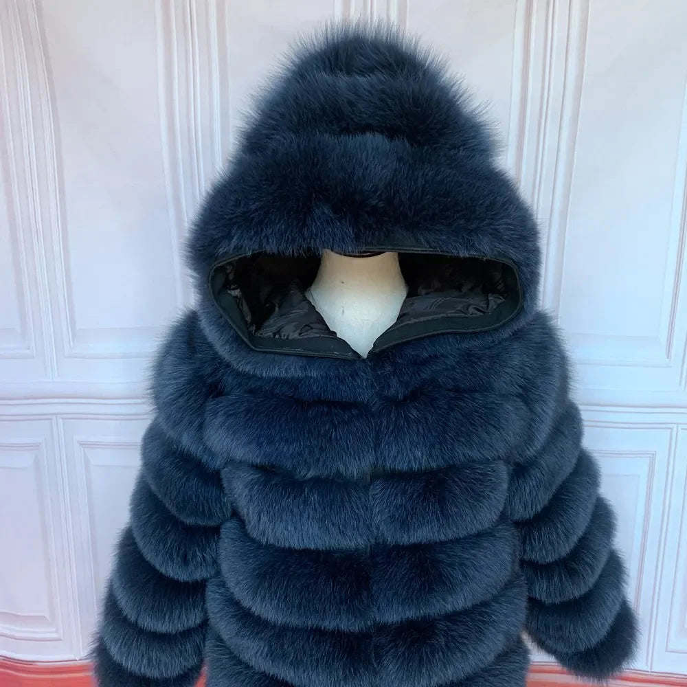 QUEENTINA Hood Fur Coat Thigh Length