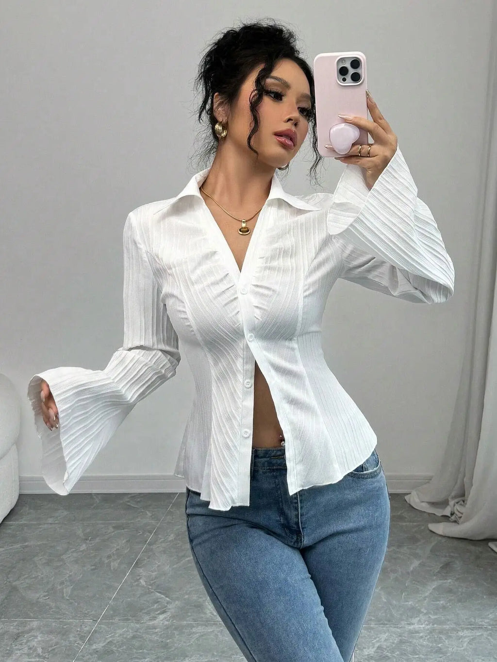 Slim-Fit V-Neck Bell-Sleeve Shirt