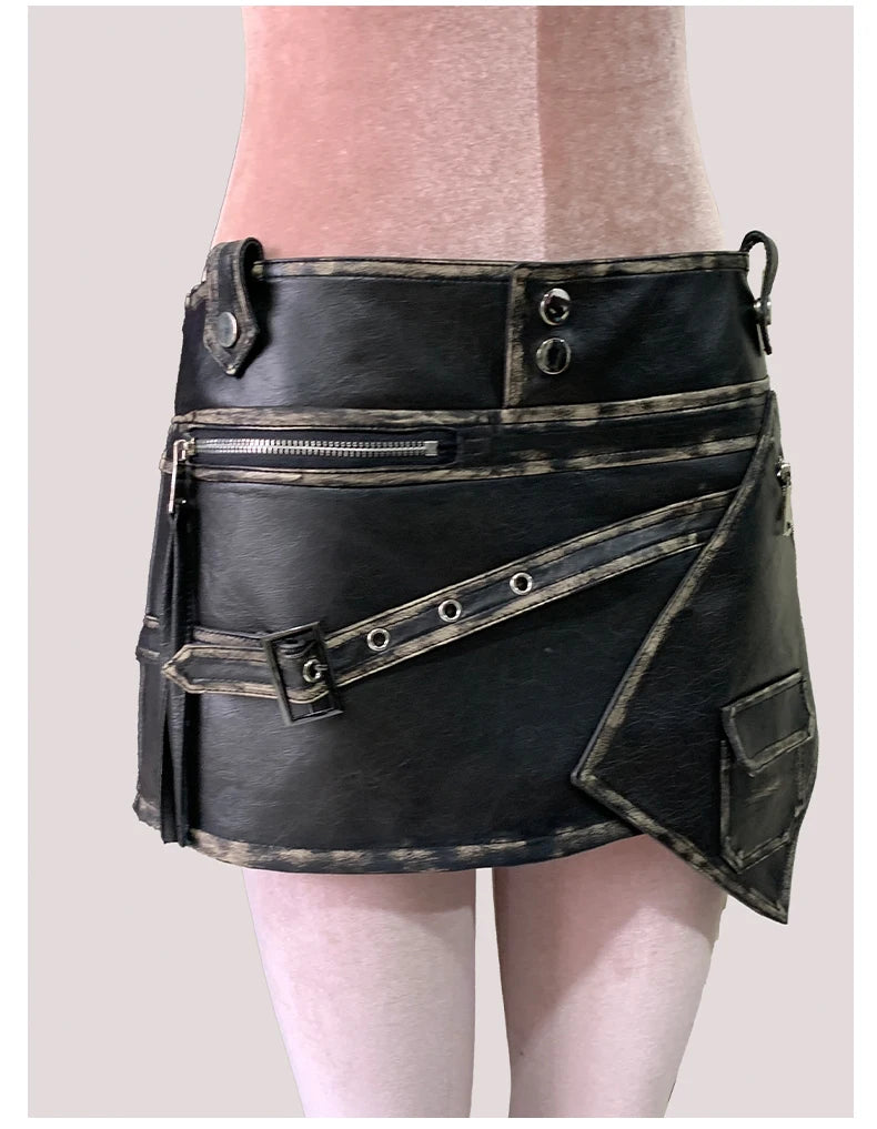 Mauroicardi Distressed Black Pu Leather Mini Asymmetrical Skirt