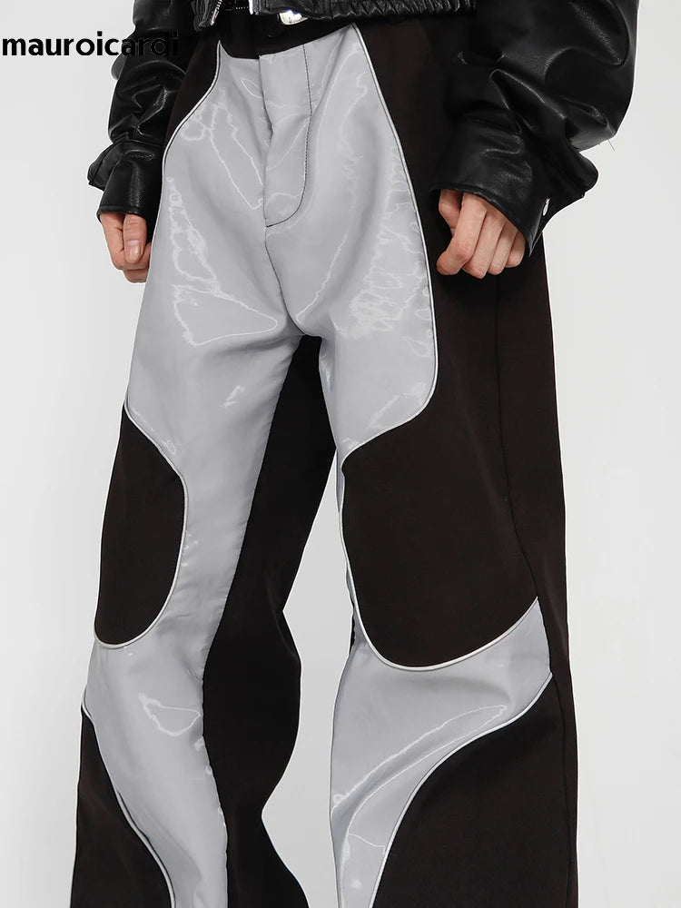 Mauroicardi Long Loose Casual Patchwork Pu Leather Pants