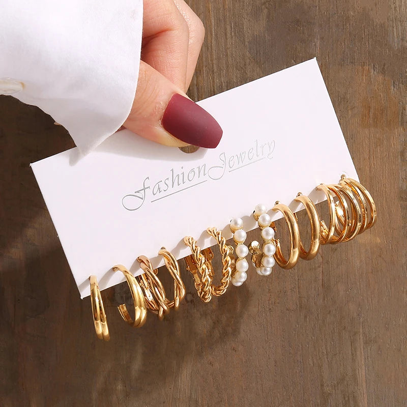 Gold Color Vintage Geometry Pearl Earrings Set