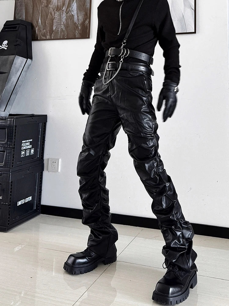 Mauroicardi Long Ruched Black Pu Leather Stacked Pants