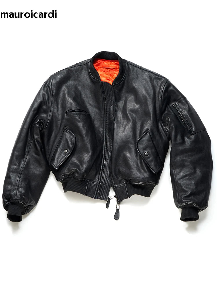 Mauroicardi Short Vintage Pu Leather Bomber Jacket