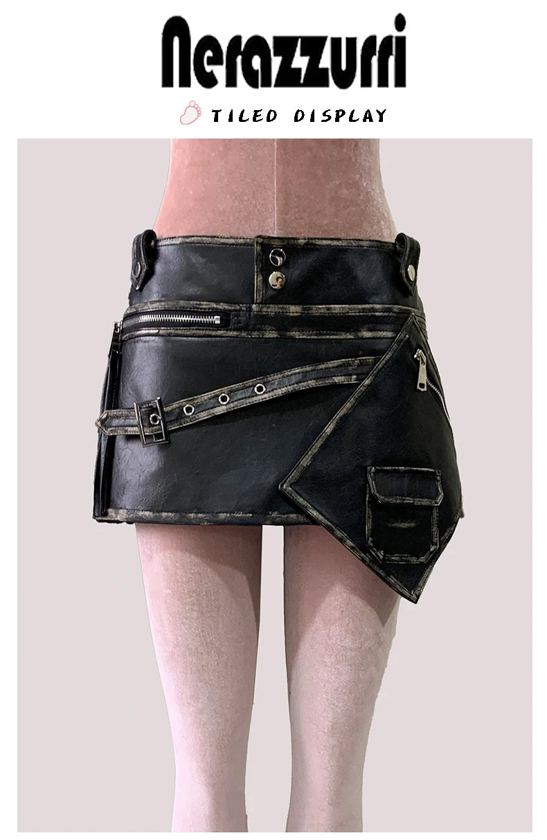 Mauroicardi Distressed Black Pu Leather Mini Asymmetrical Skirt