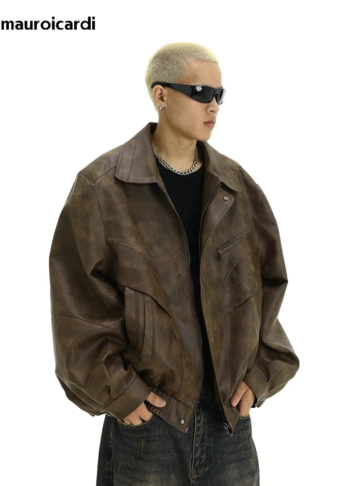 Mauroicardi Spring Cool Distressed Brown Pu Leather jacket