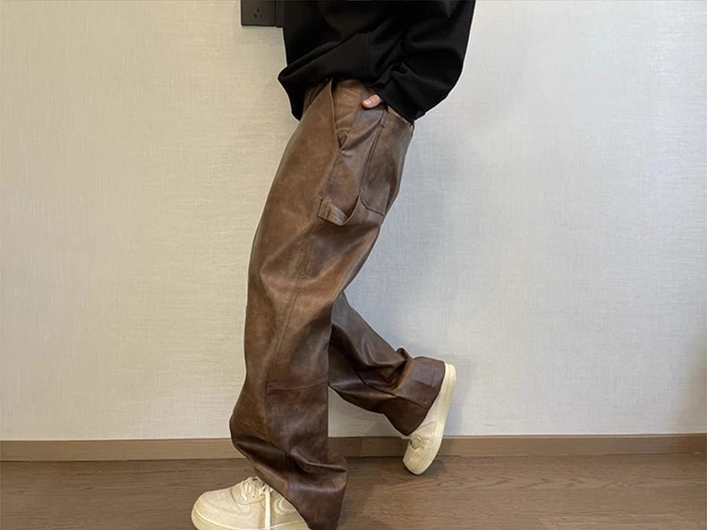 Mauroicardi Long Retro Distressed Pu Leather Wide Leg Pants