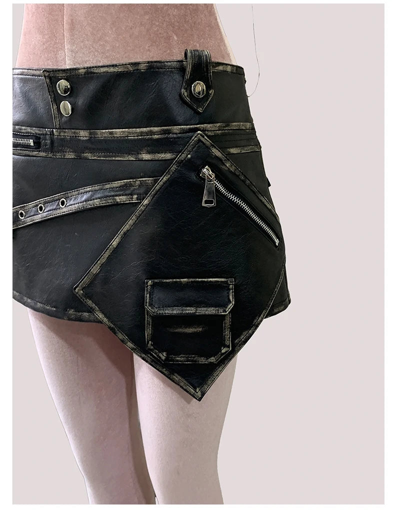Mauroicardi Distressed Black Pu Leather Mini Asymmetrical Skirt