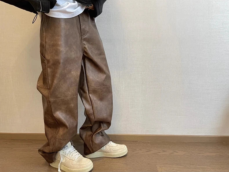 Mauroicardi Long Retro Distressed Pu Leather Wide Leg Pants