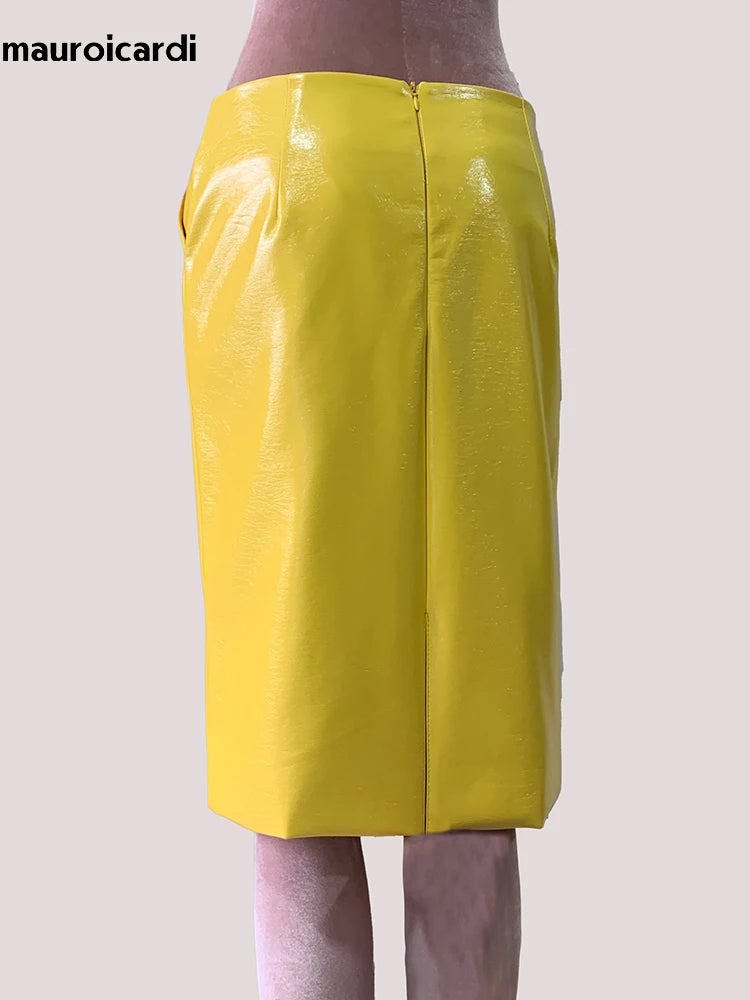 Mauroic  Shiny Reflective Bright Yellow Faux Leather Pencil Skirt