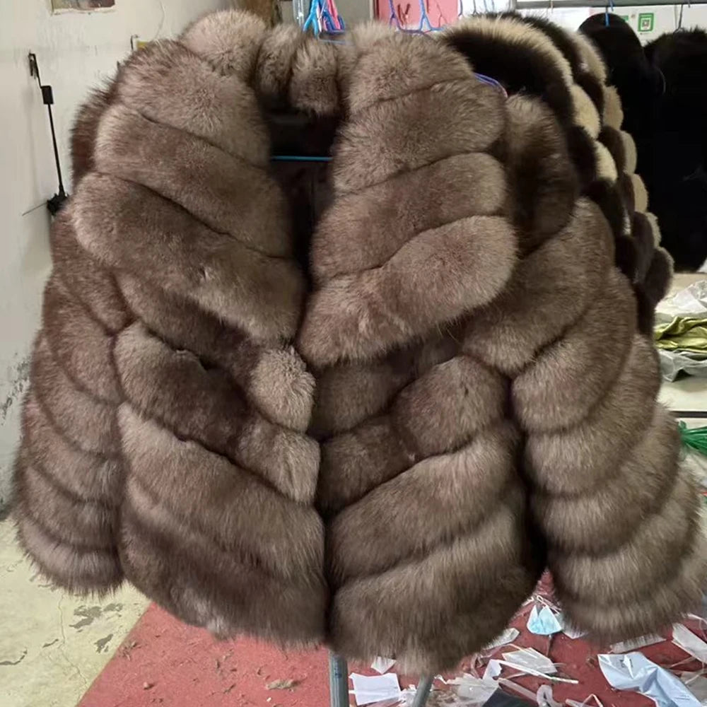 QUEENTINA Real Fox Fur Coat With Collar Overcoat